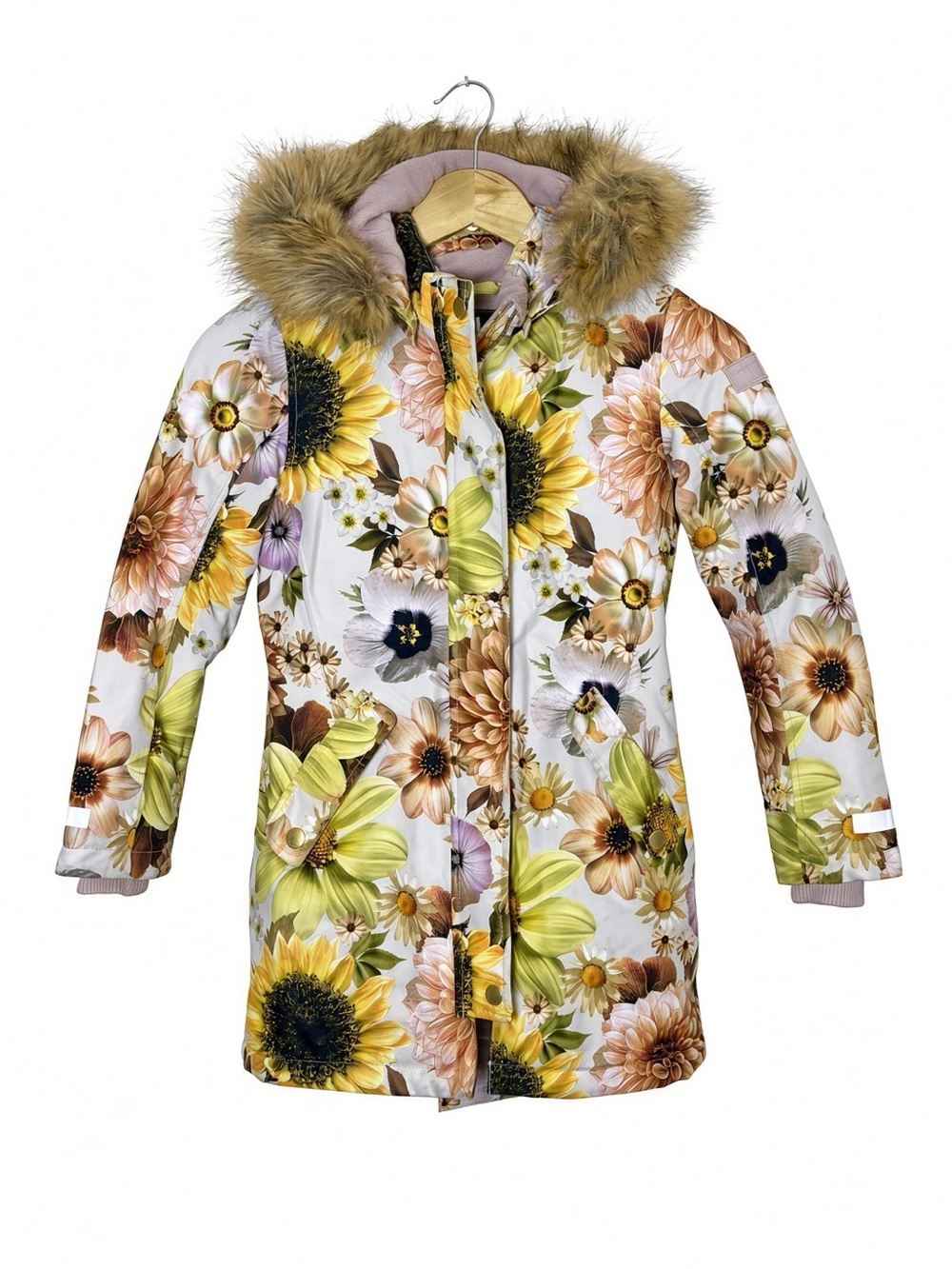Molo Peace Retro Flowers Winter Parka Coat Girls US 8-10 Faux Fur Hooded Jacket